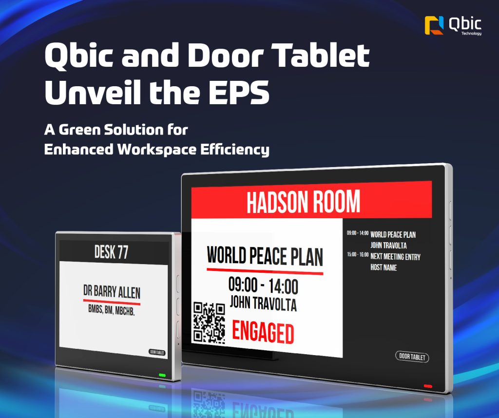 Qbic and Door Tablet EPS ePaper System, featuring UI of desk and room booking availability.